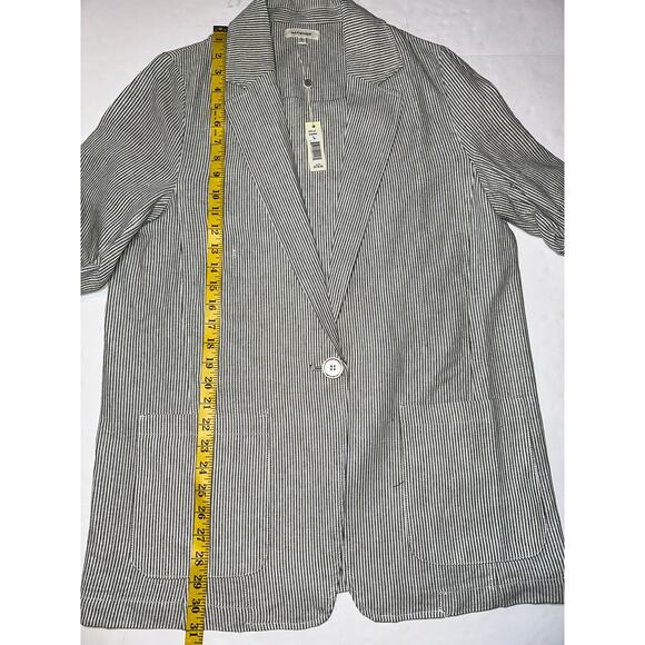 Max Studio Women’s Size Large Striped Linen Blend Blazer 3/4 Ruched Sleeves - Picture 4 of 8